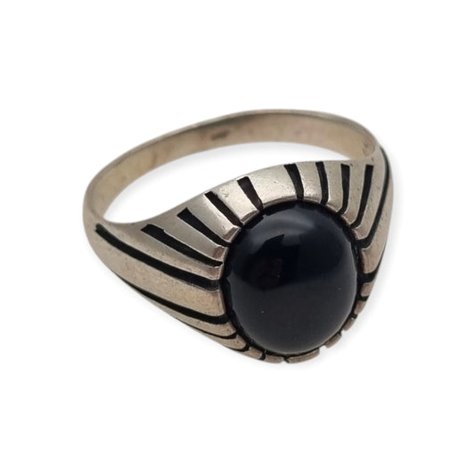 Anillo vintage  boho en plata 925 con ónix negro oval, España, ca. 1980–1990