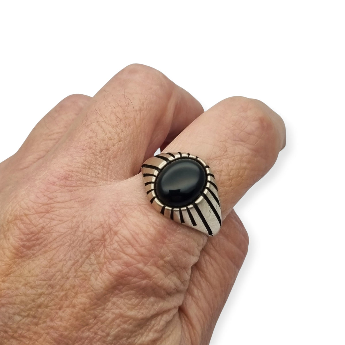 Anillo vintage  boho en plata 925 con ónix negro oval, España, ca. 1980–1990