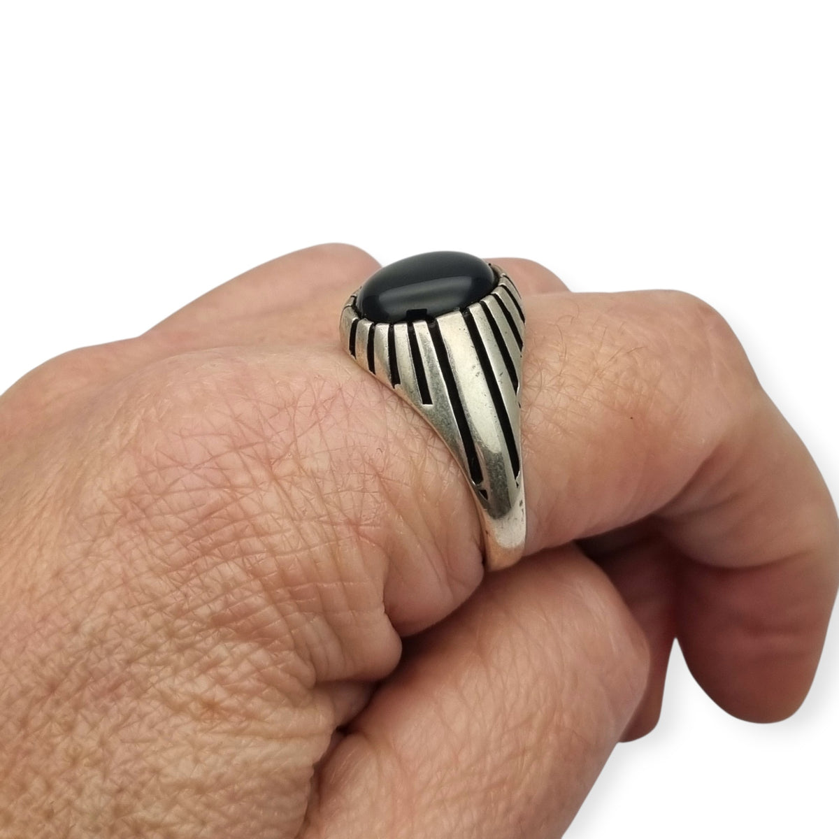 Anillo vintage  boho en plata 925 con ónix negro oval, España, ca. 1980–1990