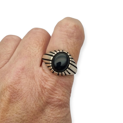 Anillo vintage  boho en plata 925 con ónix negro oval, España, ca. 1980–1990