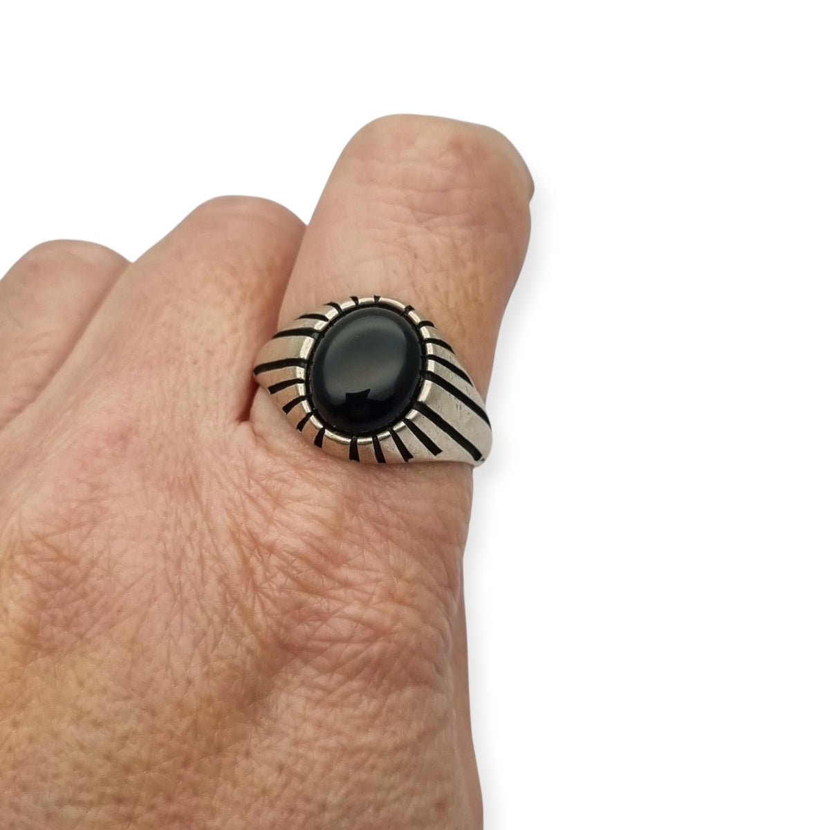 Anillo vintage  boho en plata 925 con ónix negro oval, España, ca. 1980–1990