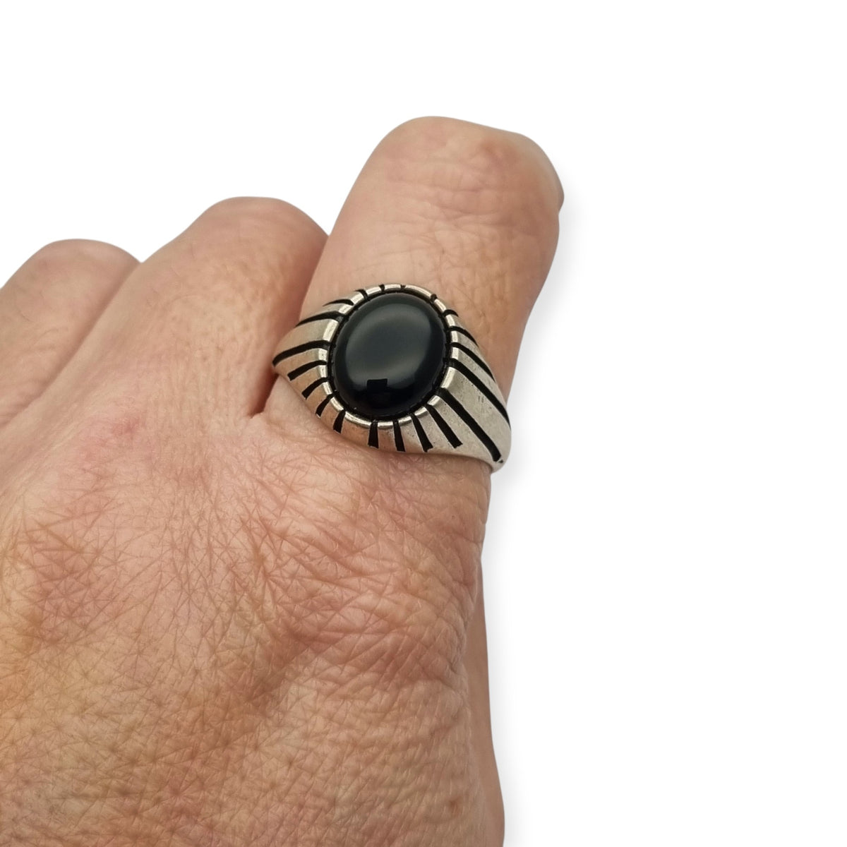 Anillo vintage  boho en plata 925 con ónix negro oval, España, ca. 1980–1990