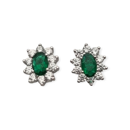 Pendientes estilo Lady Di en plata con circonitas verdes y orla blanca, España, siglo XXI