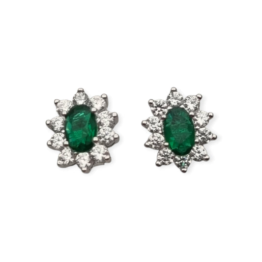 Pendientes estilo Lady Di en plata con circonitas verdes y orla blanca, España, siglo XXI