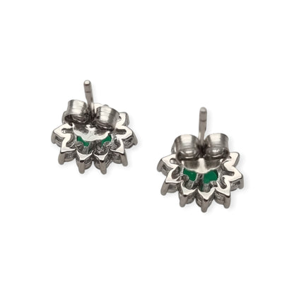 Pendientes estilo Lady Di en plata con circonitas verdes y orla blanca, España, siglo XXI