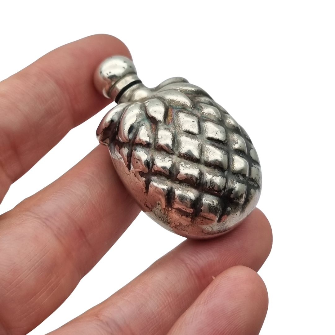 Sterling silver miniature perfume bottle in the form of a pineapple, circa 1970–1980