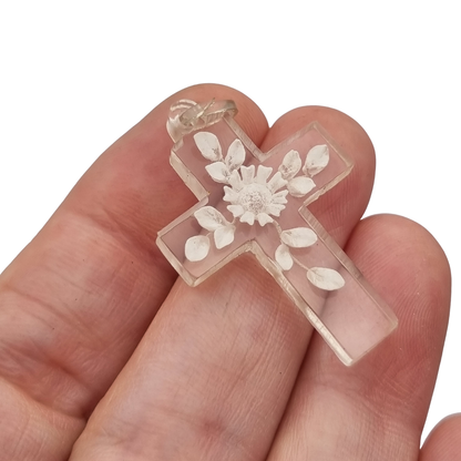 French Vintage Clear Lucite Hanging Cross with Floral Etching, Religious Jewelry circa 1930s-1950s