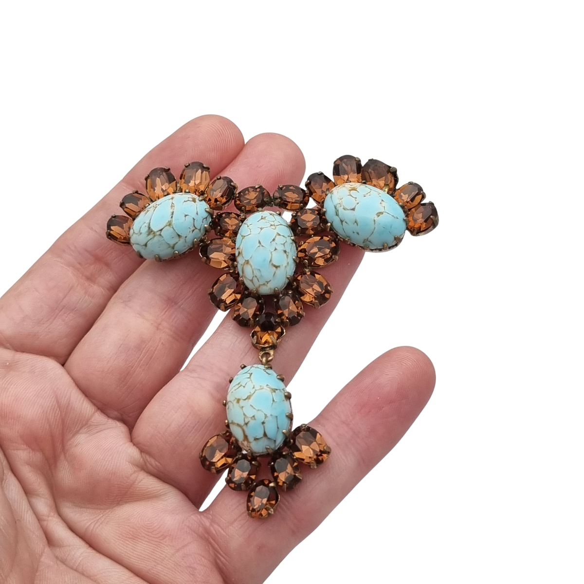 Vintage cocktail brooch with turquoise cabochons and amber crystals, 1950s costume jewelry, ca. 1950–1960