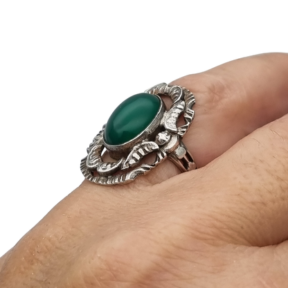 Vintage European Openwork Silver Ring with Oval Green Chalcedony Cabochon, circa 1960