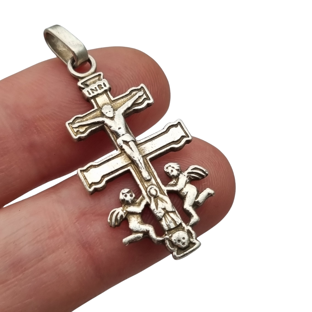 Caravaca cross pendant in 925 silver with a crucified Christ and angels, Spain, 1980s-90s