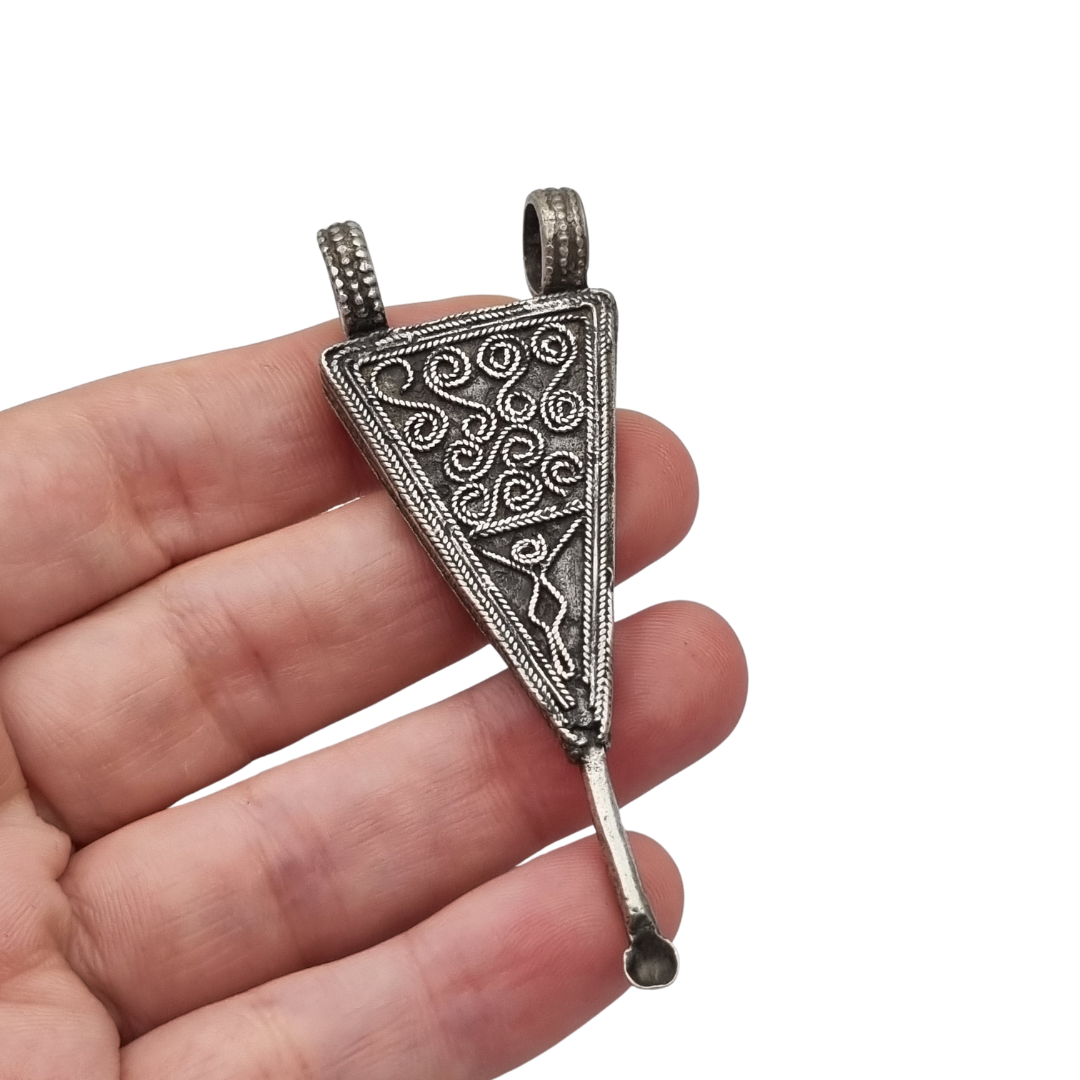 Handmade boho-ethnic silver amulet spoon pendant, Ethiopian ear cleaner.