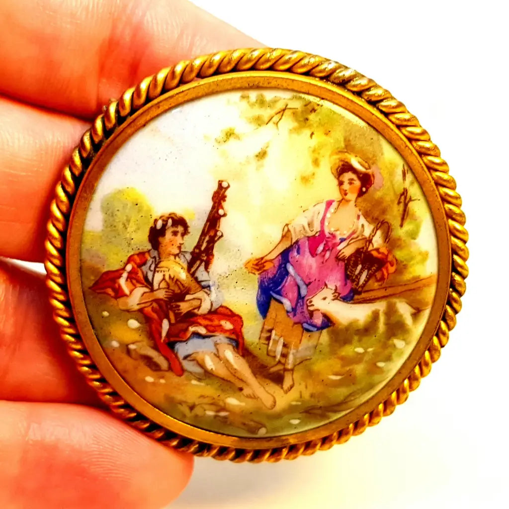 Broche Vintage Limoges France Années 60 - Porcelaine Décor Roses, Monture Laiton Doré