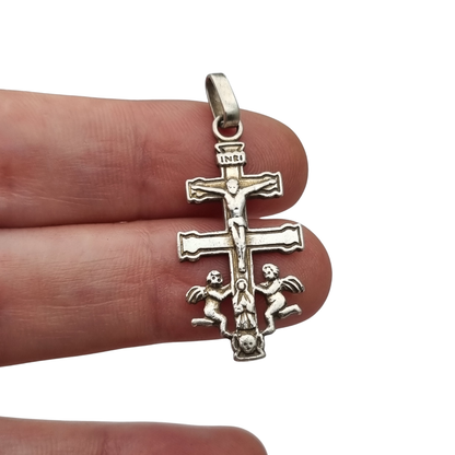 Caravaca cross pendant in 925 silver with a crucified Christ and angels, Spain, 1980s-90s