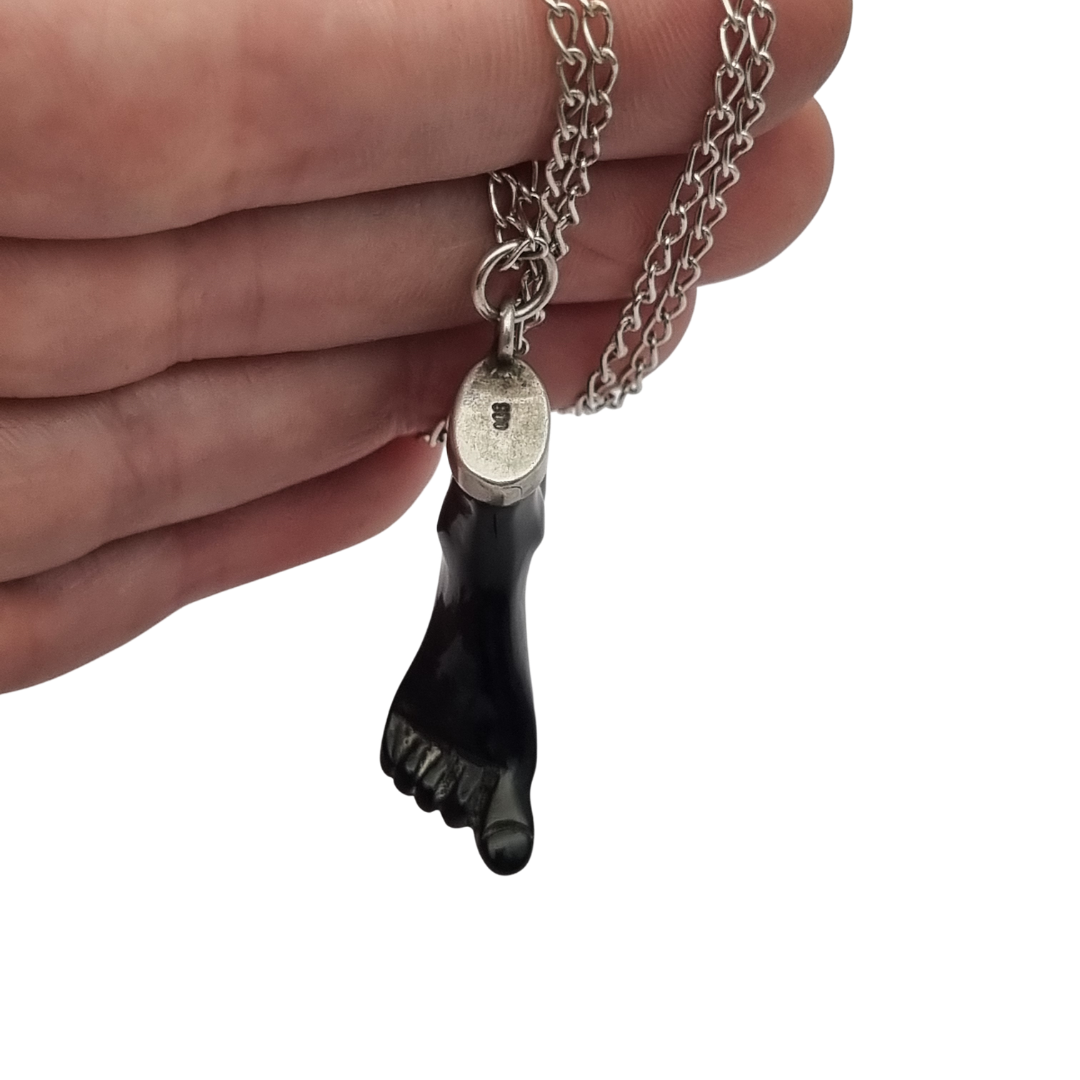 Obsidian amulet pendant, black foot with 800 silver, Europe circa 1970