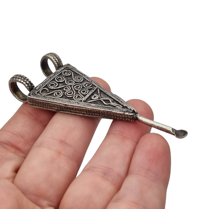 Handmade boho-ethnic silver amulet spoon pendant, Ethiopian ear cleaner.