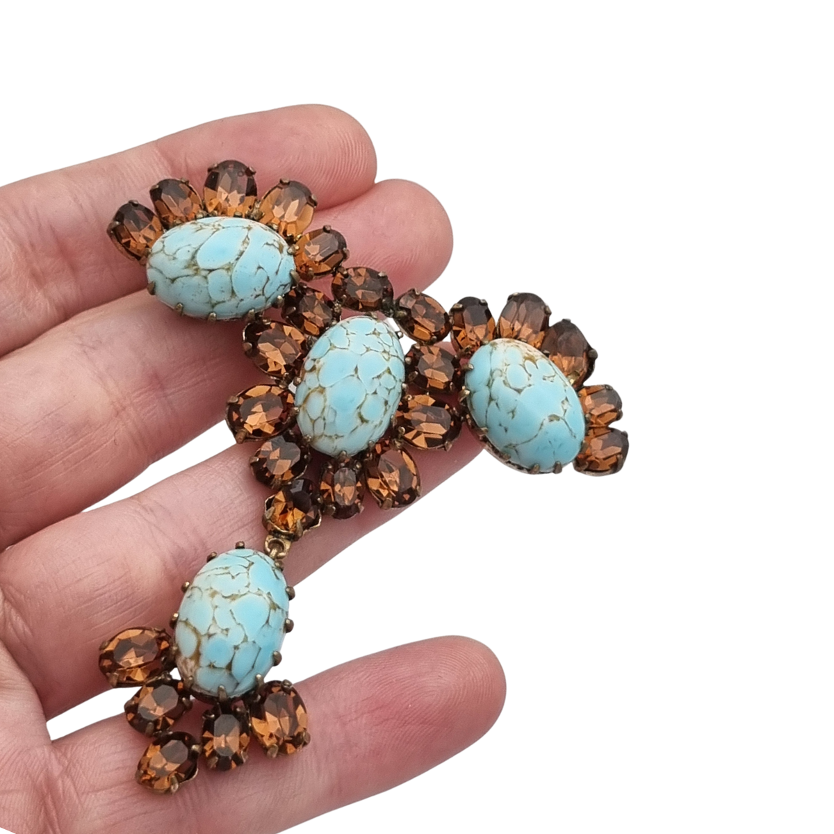 Vintage cocktail brooch with turquoise cabochons and amber crystals, 1950s costume jewelry, ca. 1950–1960