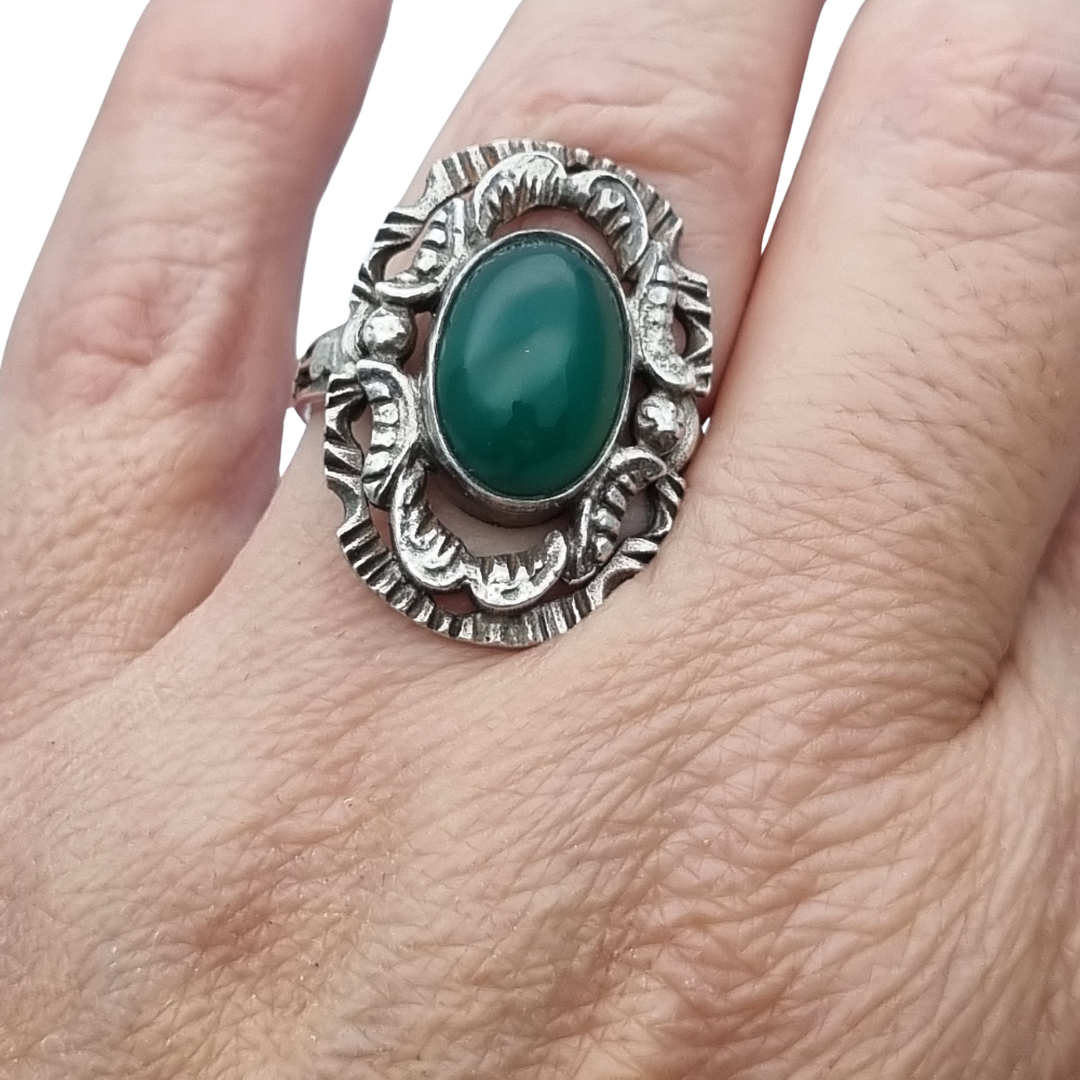 Vintage European Openwork Silver Ring with Oval Green Chalcedony Cabochon, circa 1960