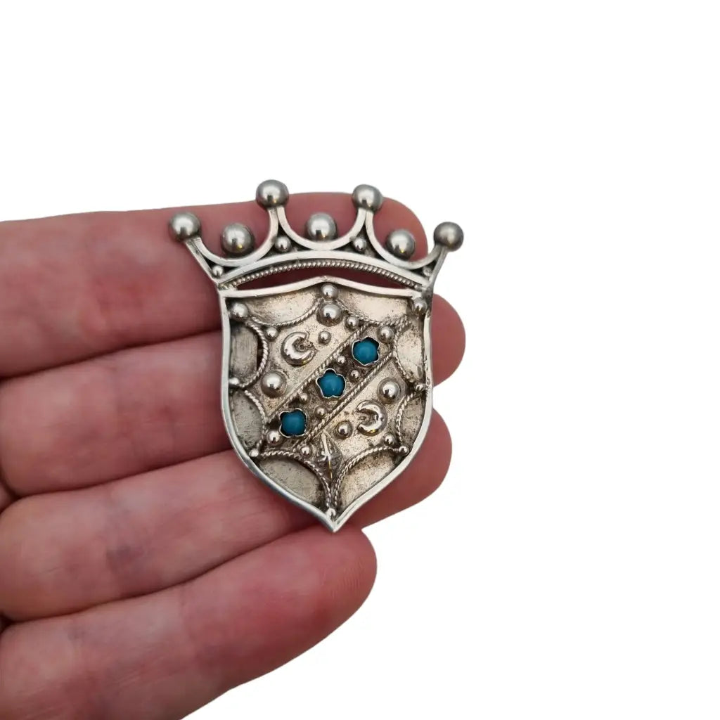 Broche emblema corona pin vintage plata 800 y turquesa estrella broche