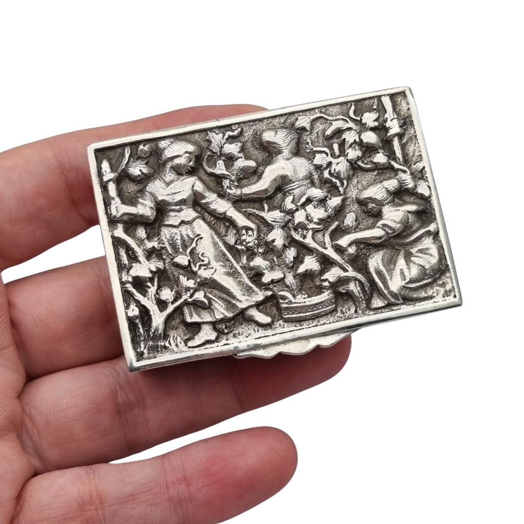 Spanish sterling silver collection box with a vintage scene in relief, vermeil interior, circa 1950