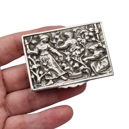 Spanish sterling silver collection box with a vintage scene in relief, vermeil interior, circa 1950