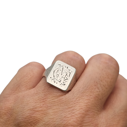 Antique Art Deco Silver Signet Ring with Engraved Monogram Geometric Design Circa 1940