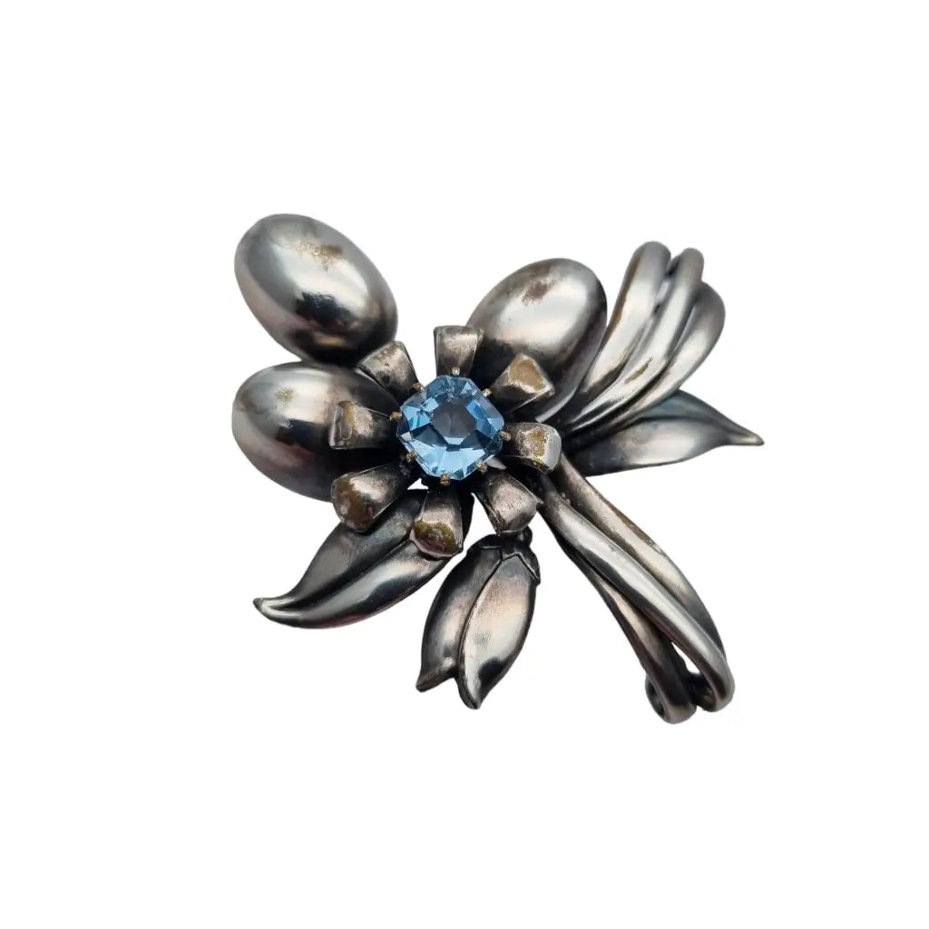 Broche grande de flor art deco vintage boda joyería pedrería azul regalo