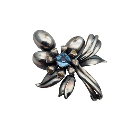 Broche grande de flor art deco vintage boda joyería pedrería azul regalo