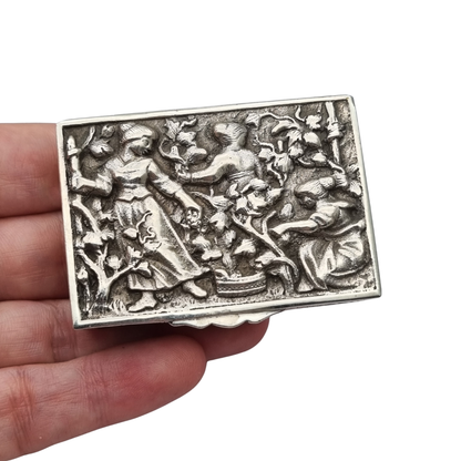 Spanish sterling silver collection box with a vintage scene in relief, vermeil interior, circa 1950