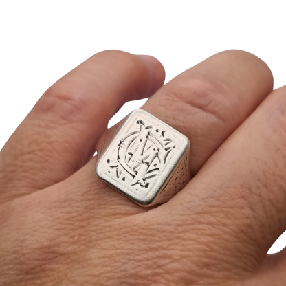 Antique Art Deco Silver Signet Ring with Engraved Monogram Geometric Design Circa 1940
