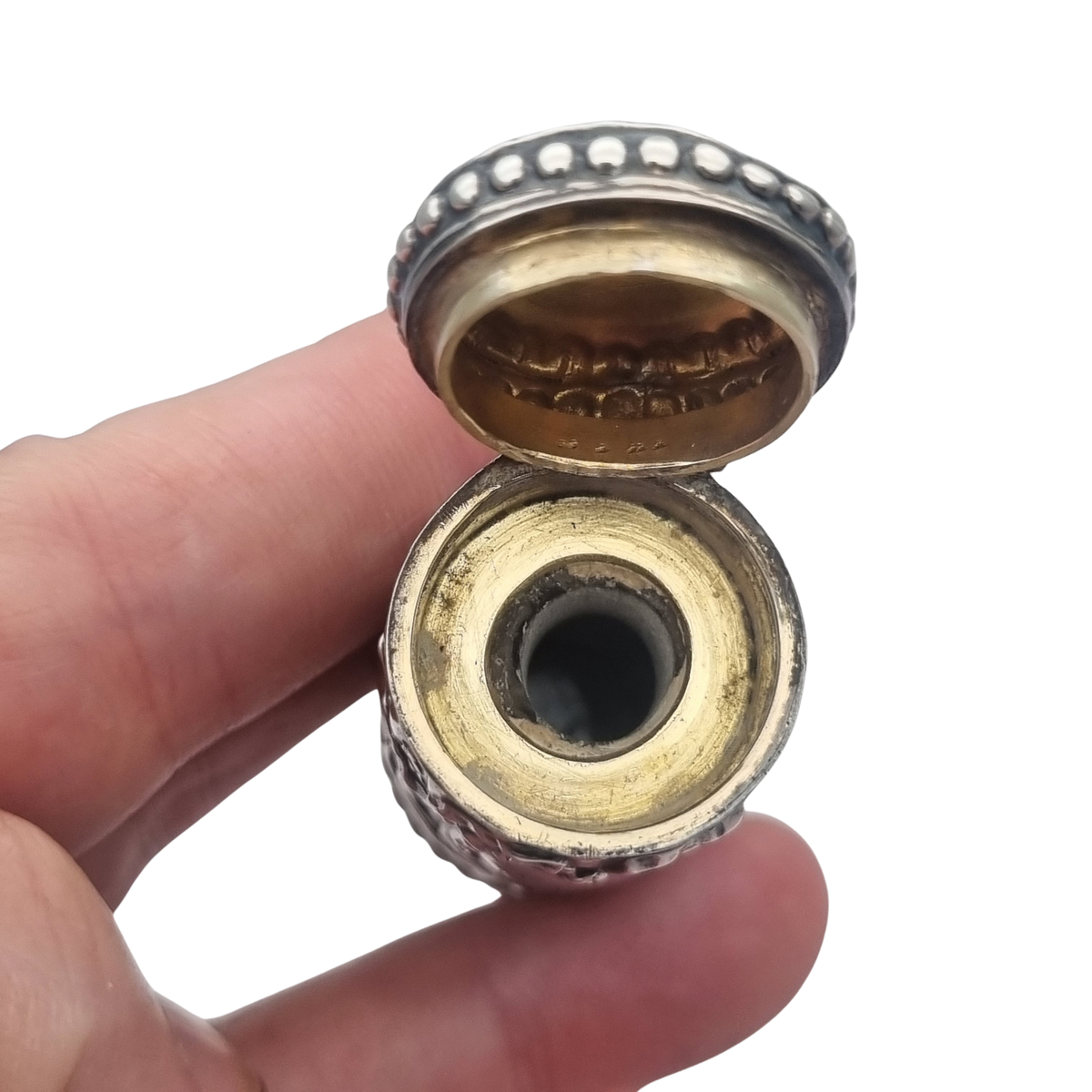 Perfumero antiguo de plata estilo Luis XVI Revival con monograma y tapón