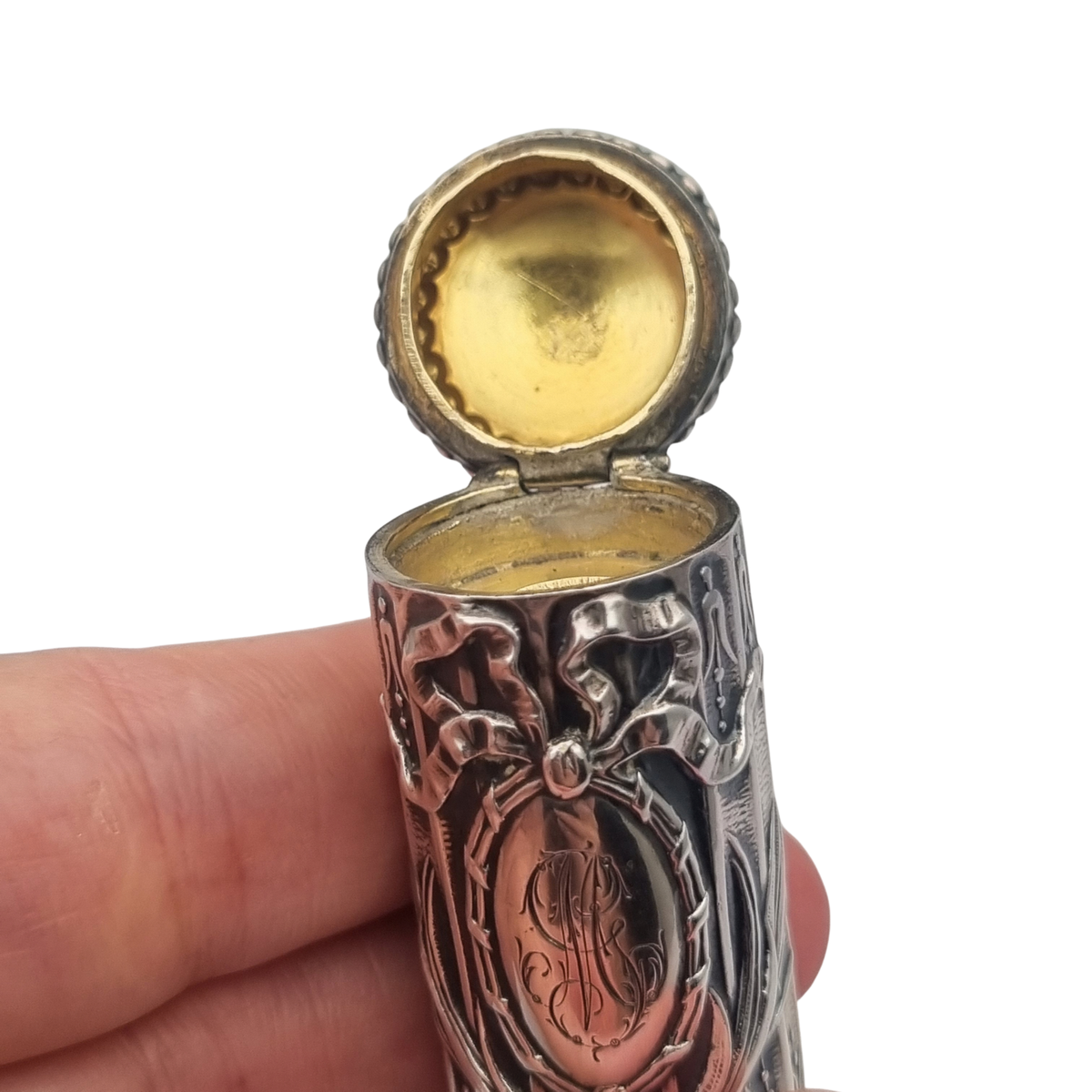 Perfumero antiguo de plata estilo Luis XVI Revival con monograma y tapón