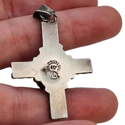 Colgante de cruz plata esterlina con ojo tigre joyería católica mexicana