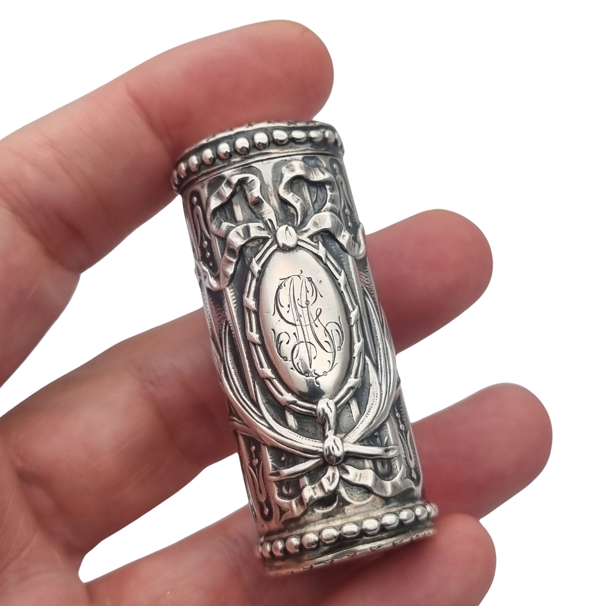 Perfumero antiguo de plata estilo Luis XVI Revival con monograma y tapón