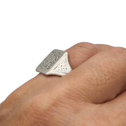 Antique Art Deco Silver Signet Ring with Engraved Monogram Geometric Design Circa 1940