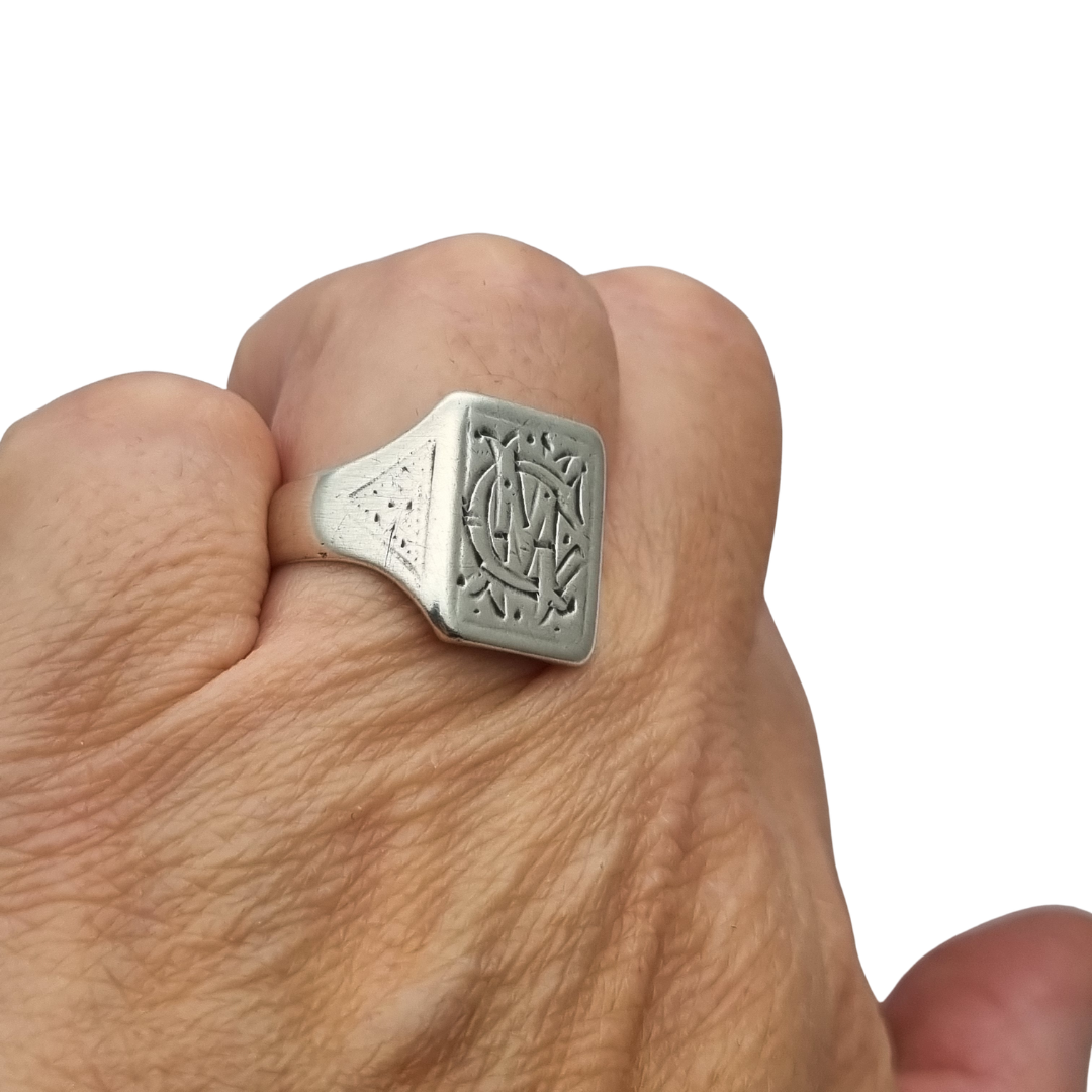 Antique Art Deco Silver Signet Ring with Engraved Monogram Geometric Design Circa 1940