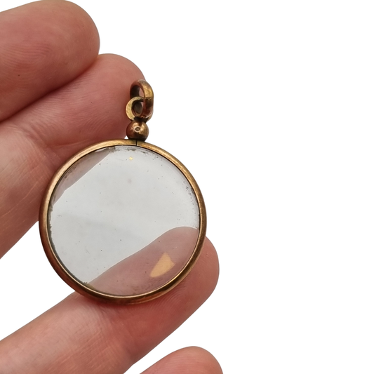 Guardapelo colgante circular de metal dorado con cristal, portafotos antiguo, c. 1900