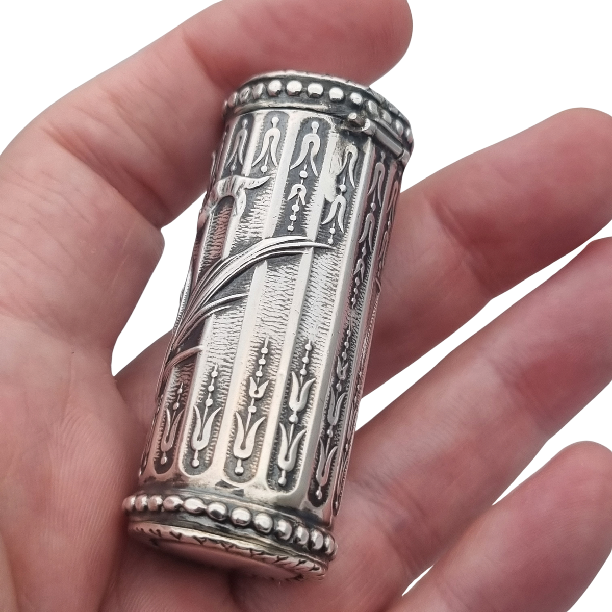 Perfumero antiguo de plata estilo Luis XVI Revival con monograma y tapón