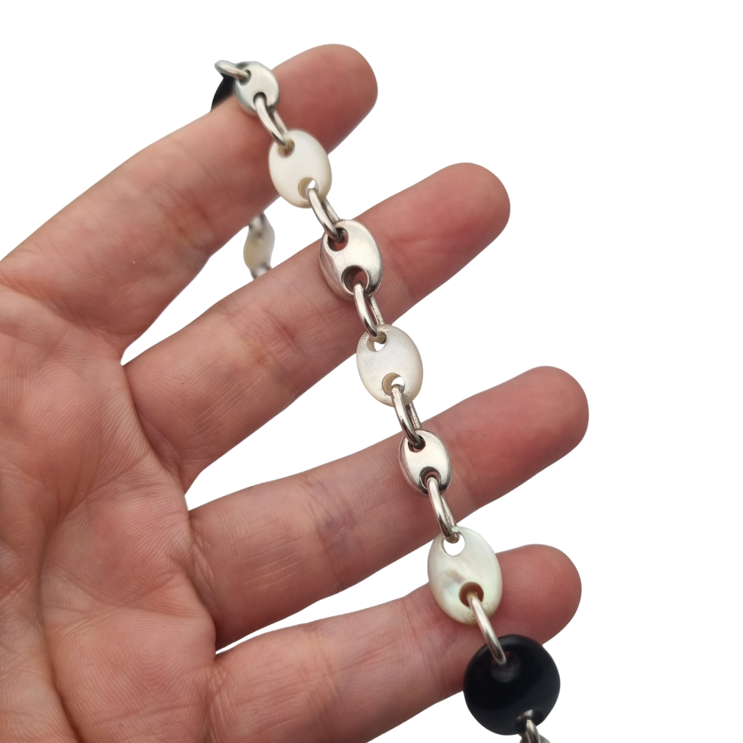 Pulsera vintage de eslabón calabrote en plata y nácar circa 1980