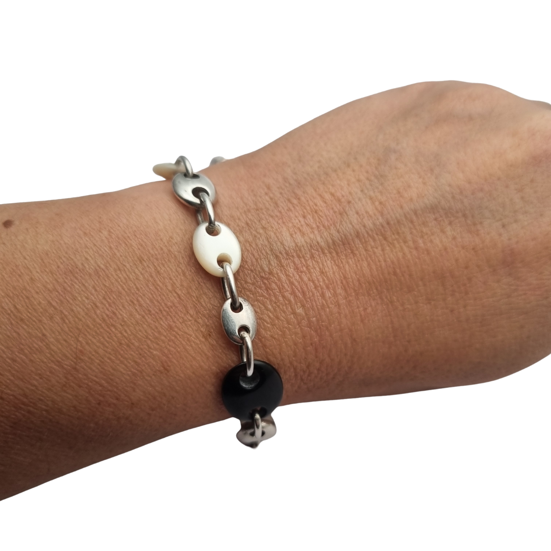 Pulsera vintage de eslabón calabrote en plata y nácar circa 1980