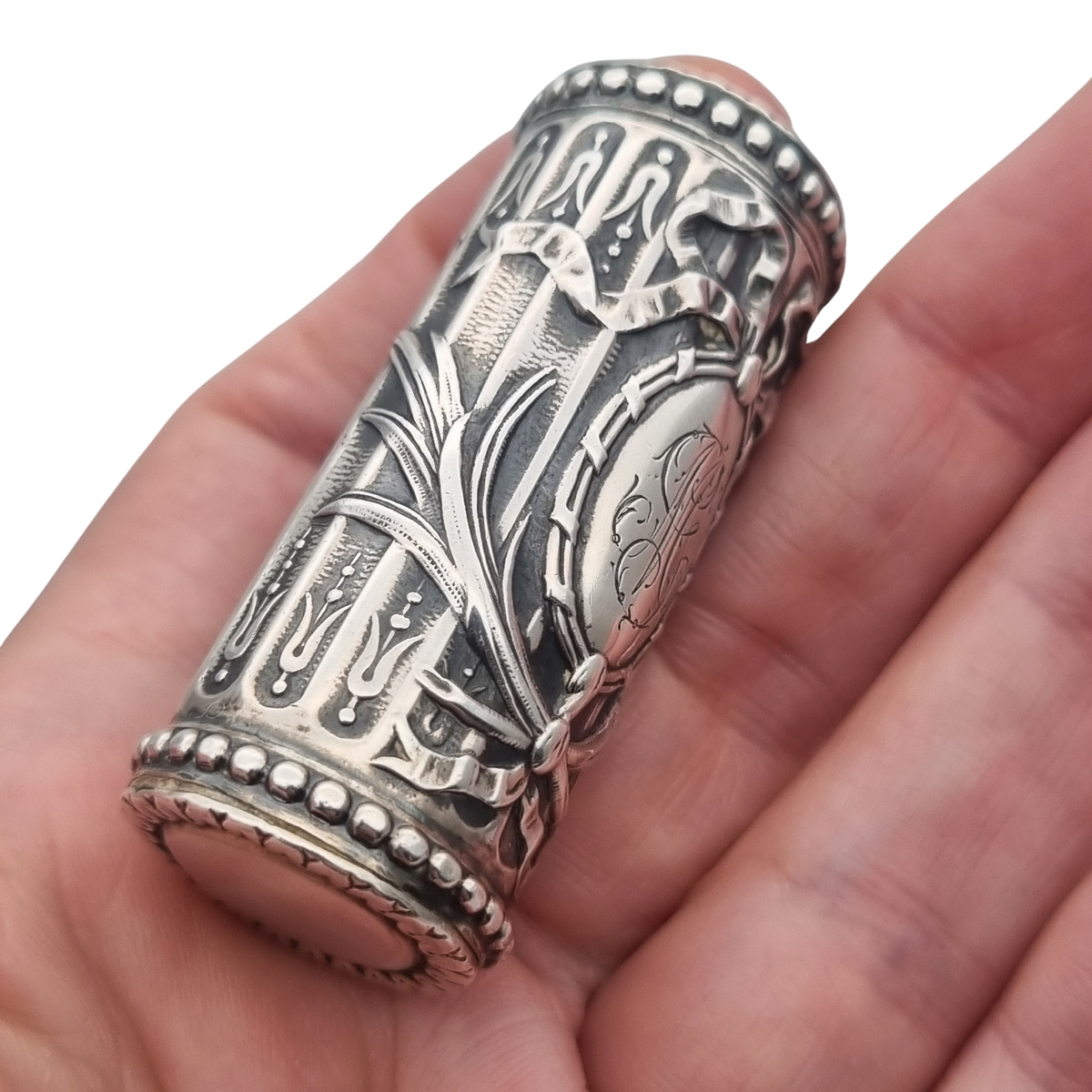 Perfumero antiguo de plata estilo Luis XVI Revival con monograma y tapón