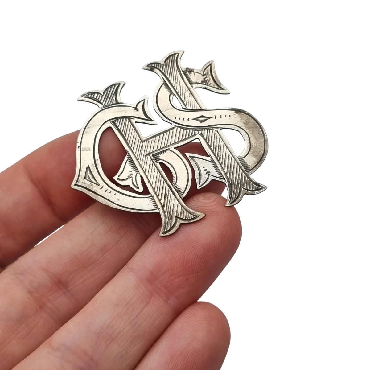 Broche Victoriano monograma antiguo en plata sterling STG SIL, ca. 1890-1920