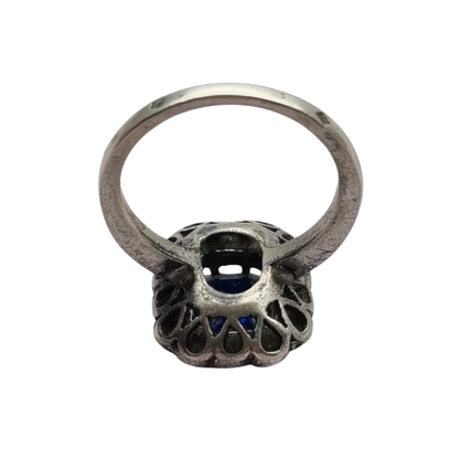 Pompadour silver ring with blue and white rhinestones, Princess Diana style. France, circa 1950