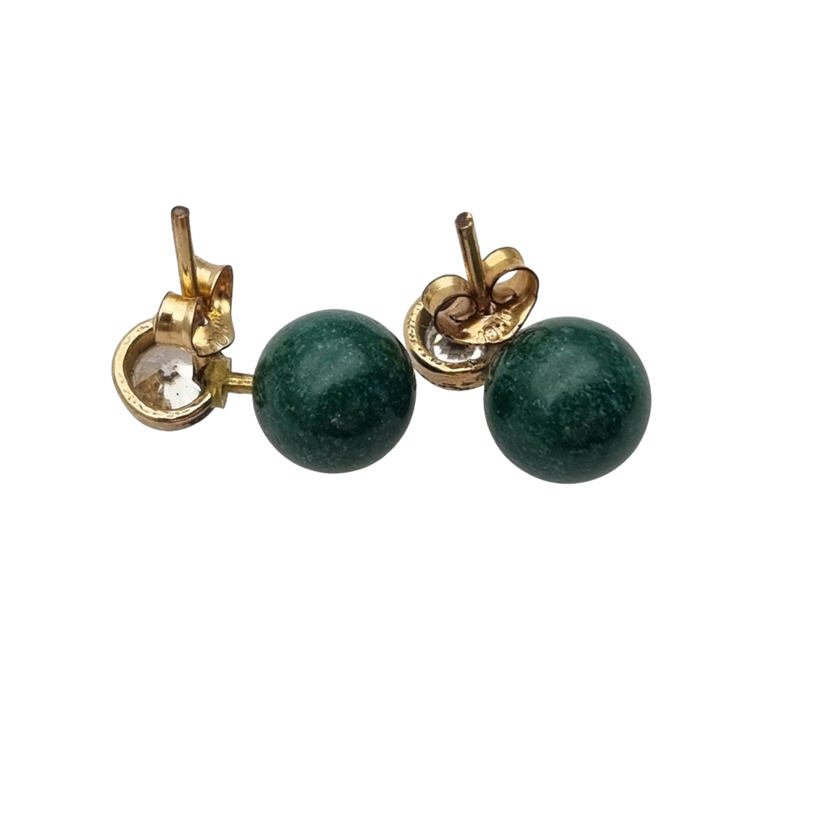 Vintage earrings you and I vintage gold-plated, cubic zirconia and green spheres · Spain, ca. 1980