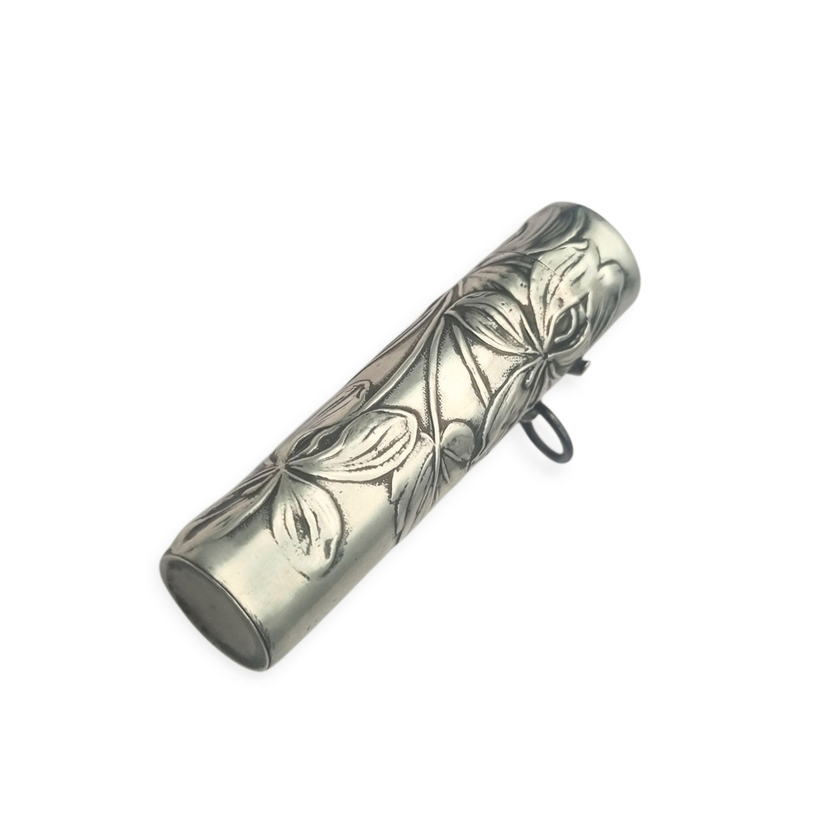 Perfumero Antiguo Art Nouveau de Plata con Decoración Floral en su Estuche, circa 1900