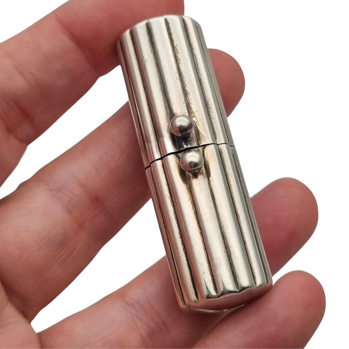 Vintage designer cylindrical case in ribbed 925 silver, Milan, ca. 1940–1960