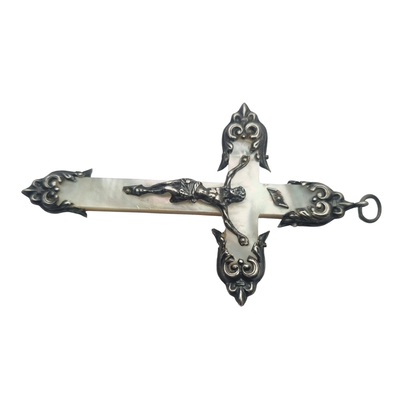 Antique neo-baroque silver and mother-of-pearl crucifix, late 19th century