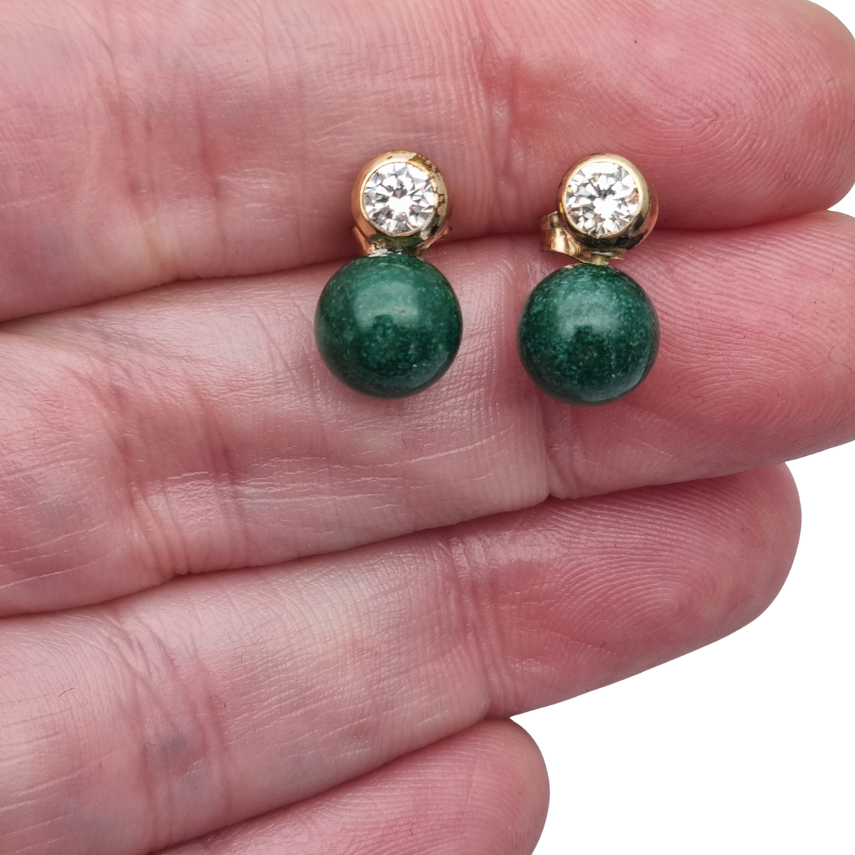 Vintage earrings you and I vintage gold-plated, cubic zirconia and green spheres · Spain, ca. 1980