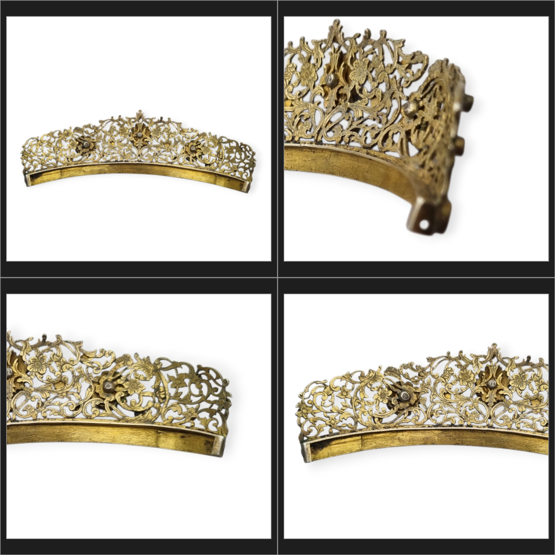 Tiara victoriana austrohúngara en plata dorada con turquesas, granates y piedra de luna, romántico tardío, ca. 1880–1900