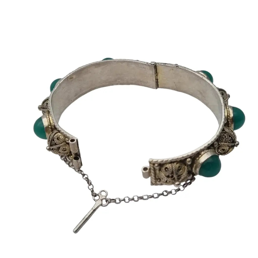 Pulsera de filigrana plata y piedras jade verde para mujer pulsera rígida