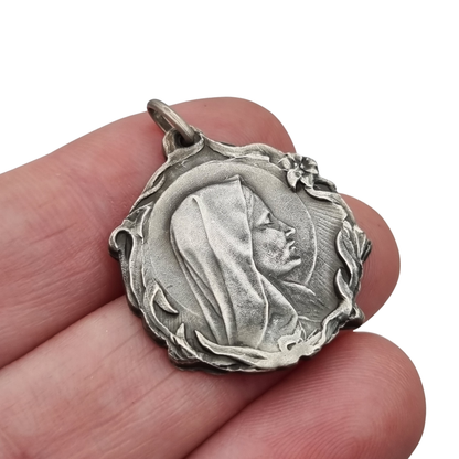 Antique Modernist Silver Madonna Medal, Art Nouveau Religious Jewelry, Spain, c. 1920